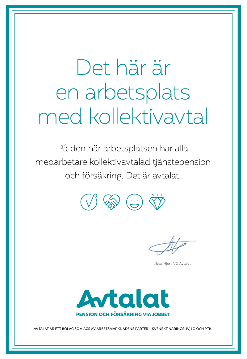 Diplom med rubriken "Det här är en arbetsplats med kollektivavtal", information om avtalet och underskrift från Avtalat.